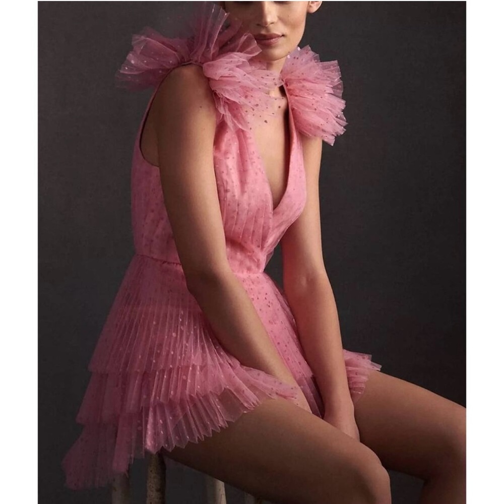 Monique Lhuillier Dusty Rose Ruffled Tulle Mini Dress